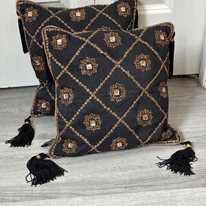 Borgata Black/Gold Geometric Embroidered Square Decorative Pillow